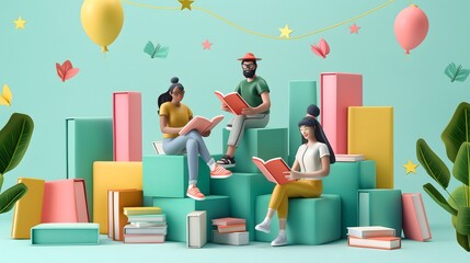 3d illustration of Joyful friend's enjoying and reading books. World book day concept. Generative AI.