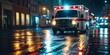 Ambulance Races Through Wet Night Street. A brightly lit ambulance with flashing red and blue lights streaks down a city street at night. The street is wet and reflects the colored lights