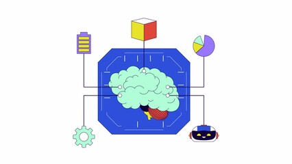 Poster - Machine learning brain line 2D animation. Data analytics software. Cognitive computing platform 4K video motion graphic. Digital processing linear animated cartoon flat concept, white background