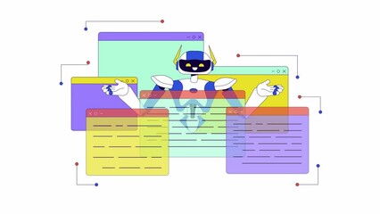 Poster - AI decision management line 2D animation. Cognitive computing. Machine learning 4K video motion graphic. Robot webpages. Software application linear animated cartoon flat concept, white background