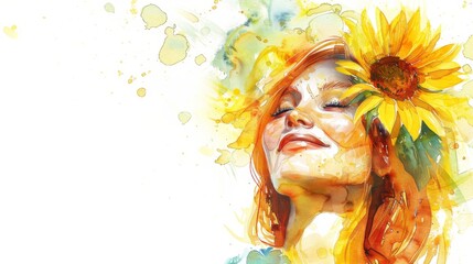 Aufkleber - A vibrant watercolor of a veiled woman surrounded by sunflowers, blending human beauty with nature's splendor