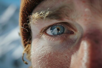 Poster - Extreme close-up of a person's blue eye showing detailed reflections, individual eyelashes, and freckled skin
