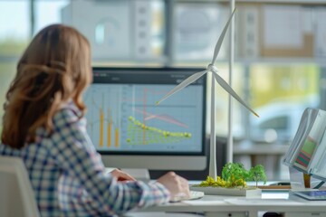 Poster - A professional woman examines wind turbine data on her computer, indicating research and analysis in renewable energy