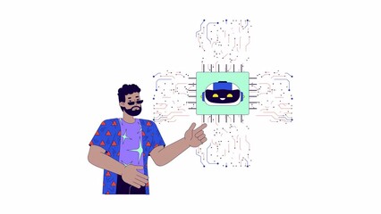 Poster - AI optimized hardware line 2D animation. Intelligence artificial chip with black man 4K video motion graphic. Male engineer. Microchip circuit linear animated cartoon flat concept, white background