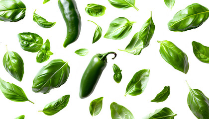 Flying green jalapeno peppers and fresh basil leaves on white background