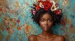 black woman with flowers in her hair, copy space, oil panting style, looking at camera