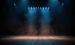 Empty stage, dark void filled with swirling smoke. Spotlights pierce the darkness, casting dramatic shadows and illuminating sections of the floor