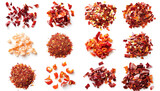 Fototapeta  - Collage of red chili flakes on white background, top view