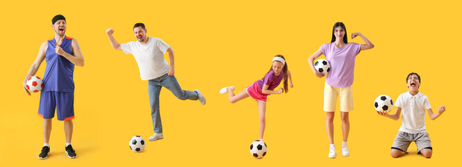 Poster - Set of people playing with soccer balls on yellow background