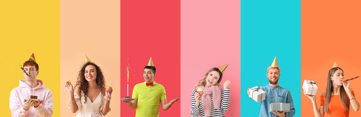 Poster - Collage of happy people celebrating Birthday on color background