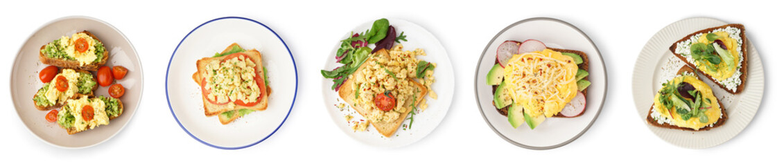 Wall Mural - Collage of tasty scrambled eggs sandwiches on white background, top view