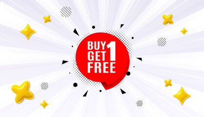 Wall Mural - Offer sunburst ray banner. Buy 1 Get 1 Free sticker. Discount banner tag. Coupon icon. Get free chat message. Speech bubble discount with stripes. Burst text balloon. Vector