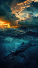 Half Under Water View Of The Open Sea In Storm With Giant Whale In Under Water Lurk A Little Boat With Fisherman Above The Water, Sunset Sky With Dramatic Storm Clouds