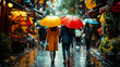 Man and woman holding bright umbrella, walking under the rain along the street of the city. Autumn rainy day. The view from the back.