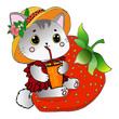 Graziosa gatta che beve succo di arancia seduta su una fragola, illustrazione a colori