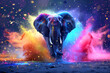 A colorful elephant is standing in a colorful cloud of powder. elephant is surrounded by a rainbow of colors, creating a sense of movemen, energy. Elephant Happy Holi colorful festival