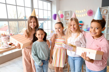 Poster - Cute little children with gifts at Birthday party