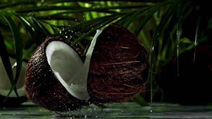 Sticker - Super slow motion coconut with splashes. High quality FullHD footage