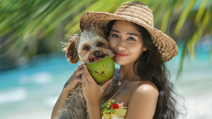 asian woman holding a dog and a coconut at the beach