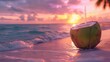 coconut with a straw beach with pink sunset summer feeling