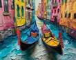 A vibrant clay Venetian canal, gondolas painted with care, dusk light on white