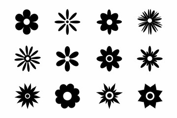 Wall Mural - Flower Icon Silhouettes Isolated White Background Simple Daisy Flowers Black Silhouettes Set 2