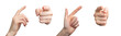 Hand gestures set. Finger pointing, showing, touching aside and forward at you, isolated on white, transparent png