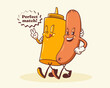 Groovy Hotdog Retro Characters Label. Cartoon Sausage and Mustard Bottle Walking Smiling Vector Food Mascot Template. Happy Vintage Cool Fast Food Illustration with Typography Isolated