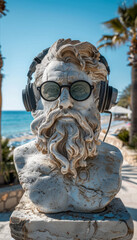 A sculpture of a philosopher in musical headphones rests on the sea beach of a European resort.	