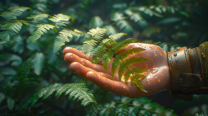 A woman's hand and a fern leaf.