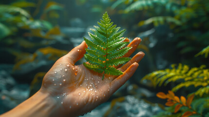 Canvas Print - A woman's hand and a fern leaf.