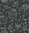 seamless pattern Hand drawn vector template of menu with desserts, sweets and bakery products. Birthday and holidays. Love texture for wrapping paper, wallpaper, textile design