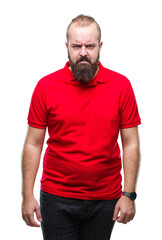 Poster - Young caucasian hipster man wearing red shirt over isolated background skeptic and nervous, frowning upset because of problem. Negative person.