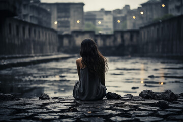 Wall Mural - A woman sits on a rock by a body of water