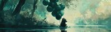 Fototapeta  - A bear cub floating lazily on a river, clutching to a bunch of deep green balloons, against a serene, white riverbank