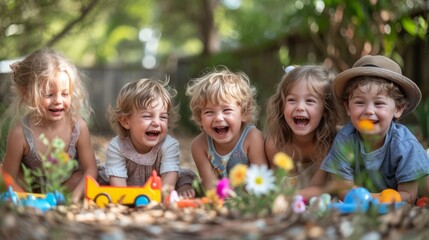 five happy caucasian children playing with toys in the garden