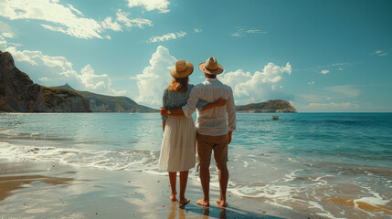 Wall Mural - Back, hug or old couple on beach to relax with love, care or support on summer vacation in nature. Retirement, mature man or senior woman at sea or ocean to travel on holiday together looking at view.