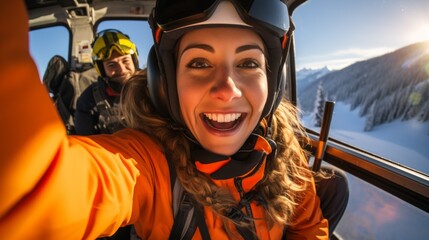 Wall Mural - Two friends take a selfie in a helicopter