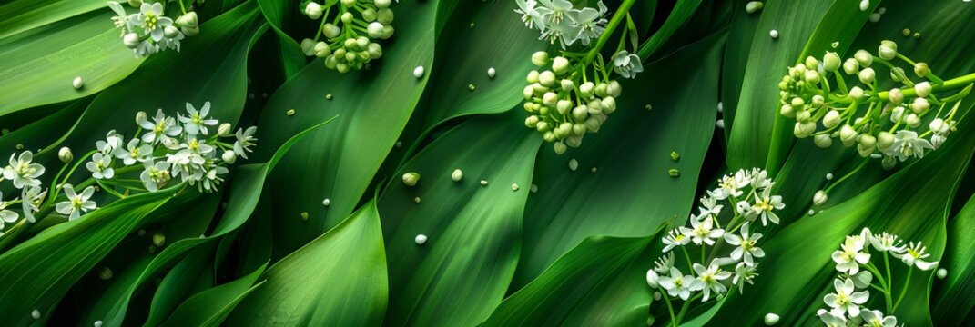 white flowers on a green background.