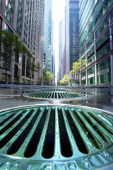 Wall Mural - Underground urban cooling systems, fighting heat islands with visible street vents.