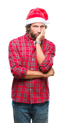 Sticker - Handsome hispanic man model wearing santa claus christmas over isolated background thinking looking tired and bored with depression problems with crossed arms.