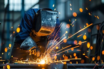 Aufkleber - A skilled welder in protective gear is welding metal with sparks flying around in a dark industrial environment