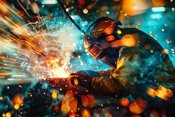 Poster - In a vivid display of light, a welder works diligently amidst a burst of colorful welding sparks