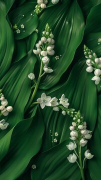white flowers on a green background.