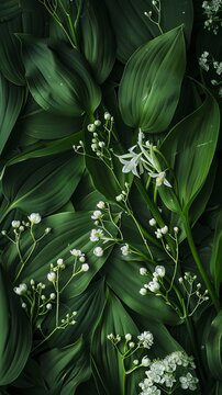 white flowers on a green background.