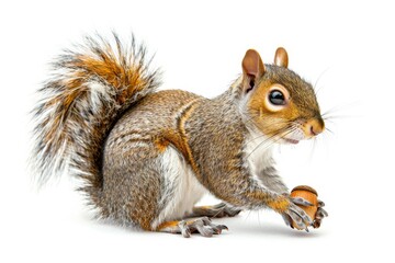 Poster - A high-resolution photograph of a cute squirrel clutching a nut, with detailed fur texture and a fluffy tail