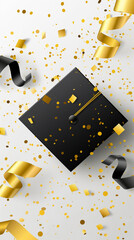 Wall Mural - vertical light background for graduation invitation design. Graduation cap, diploma and gold confetti and streamers on a light white background top view with copy space for text.