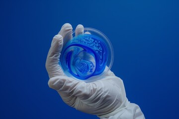 Wall Mural - A scientist in white gloves examines a swirling blue chemical in a clear petri dish against a solid blue background