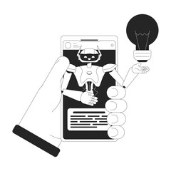 Poster - Virtual agent smartphone black and white 2D illustration concept. Robotic process automation cartoon outline character hand isolated on white. Customer service chatbot metaphor monochrome vector art
