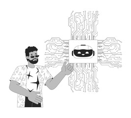 Poster - AI optimized hardware black and white 2D illustration concept. Intelligence artificial chip with black man cartoon outline character isolated on white. Microchip circuit metaphor monochrome vector art